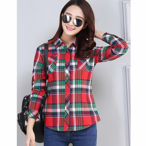 Plaid shirt, women's long-sleeved spring and autumn dress, slim base shirt, large size student coat, splicing design