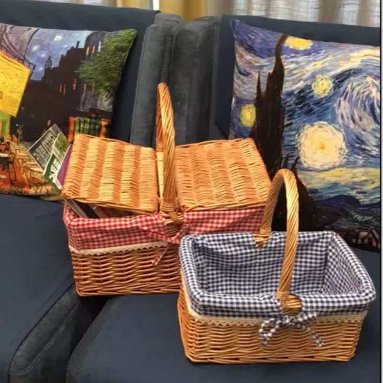 Cesta de mimbre portátil con tapa grande de compras picking cesta de almacenamiento de ratán portátil cesta de picnic al aire libre