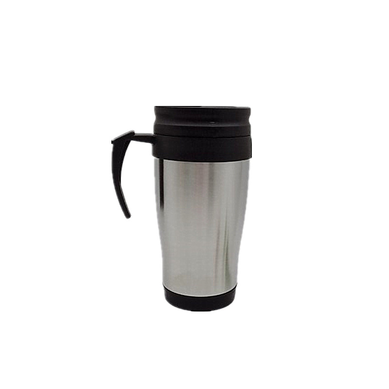 Fábrica al por mayor de doble capa de acero inoxidable coche taza interior de plástico exterior de acero taza de regalo 450mL taza de agua del coche con mango