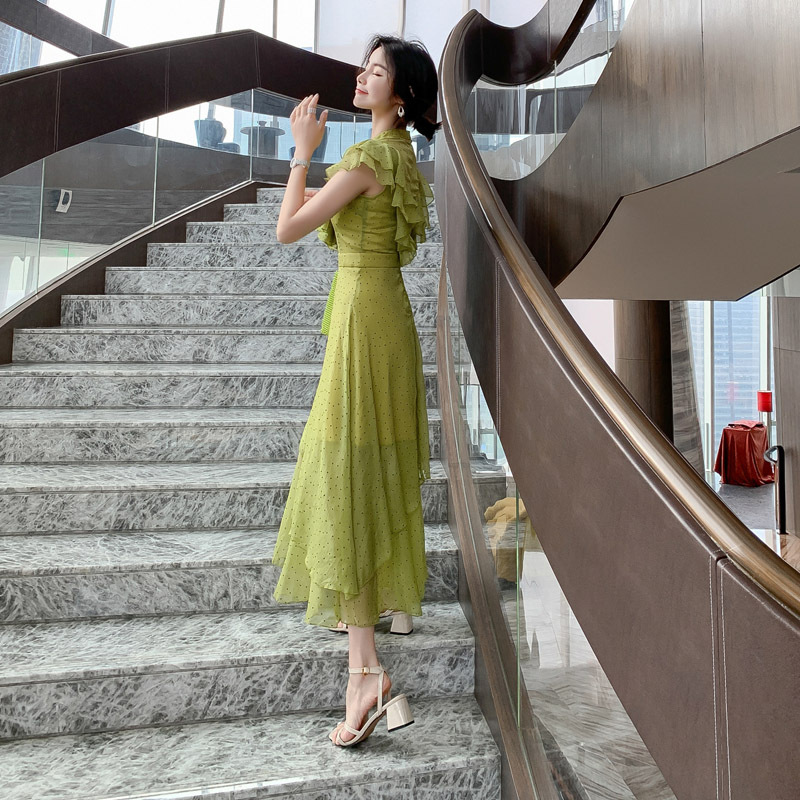 Đầm maxi nữ thắt eo chấm bi phối ren xếp tầng voan dài — Màu xanh lá