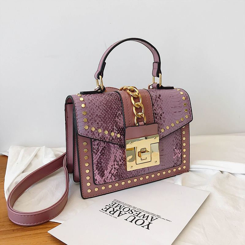New snake skin pattern shiny three-dimensional small square with rivets, single shoulder crossbody lock chain, women's_voghion.com