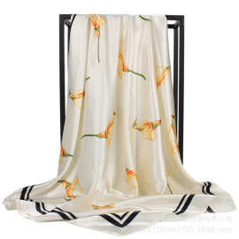 丝绮 素雅清新玉兰花印花丝巾女90*90cm仿真丝大方巾