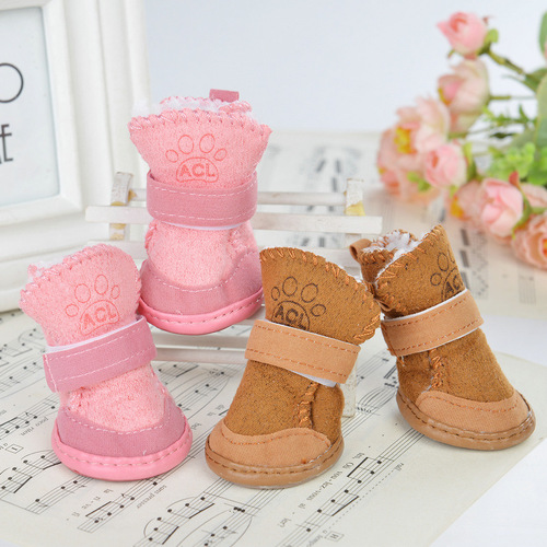 Internet celebrity pet dog shoes, snow boots, small dog Teddy Pomeranian shoe covers, set of 4, plus velvet, non-slip, can not fall off