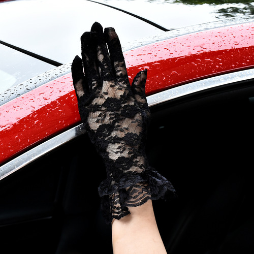 Cross-border lady lace short-sleeve sun protective gloves with large floral edge driving cycling lace gloves for wedding and marriage