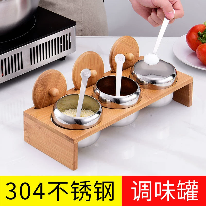 Новая банка для приправ из нержавеющей стали 304 костюм бамбуковая стойка бутылка для приправ с ложкой Бытовая кухонная коробка для приправ набор из трех предметов