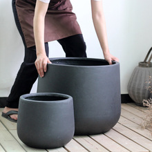 北欧特大号落地花盆花园植物种小树圆形黑色水泥托盘盆景水泥盆