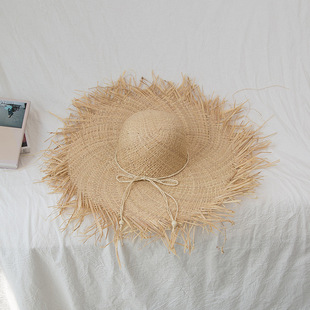 Ethnic style raffia hand-knitted big brim hat round bead grass rope belt summer outdoor anti-DDoS casual hat men and women sun hat
