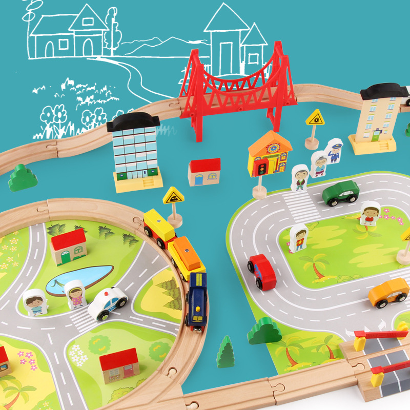 De madera de los niños 82 unidades tren traje escena tráfico puestos bloques construcción rompecabezas DIY montado juguetes al por mayor