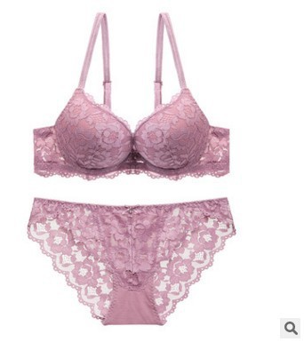 Lace top thin and bottom thick double spaghetti straps deep v push-up women's underwear sexy lace bra set 15122