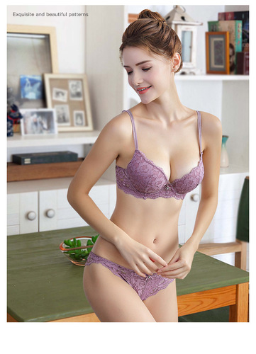 Lace top thin and bottom thick double spaghetti straps deep v push-up women's underwear sexy lace bra set 15122