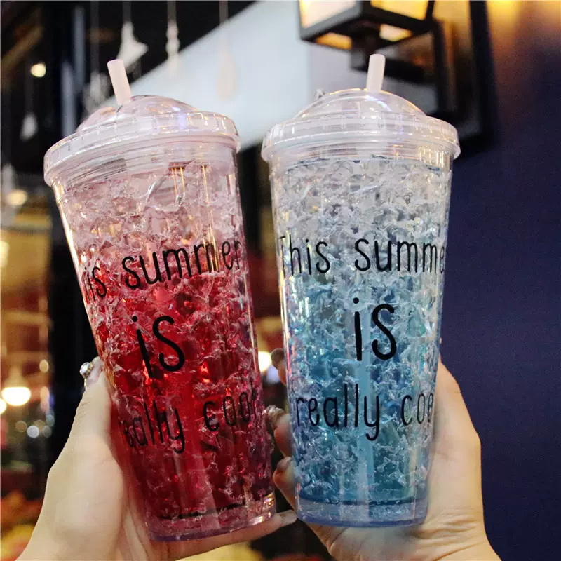 制冷冰杯带盖LOGO 双层带盖 夏日杯子吸管杯塑料杯制冷吸管杯