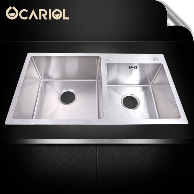 Kitchen Stainless Steel Sink with Curved Design, Handmade Double Basin, Anti-Overflow, Dishwashing and Vegetable Washing Basin, 304 Thickened Sink