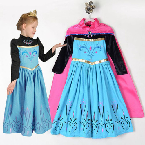 New Children's Dress Frozen Cartoon Print Dress for Girls, Lace Princess Dress with Long Mantle, Children's Performance Costume