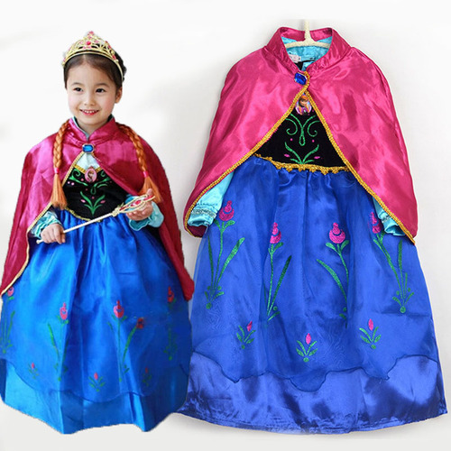 New Children's Dress Frozen Cartoon Print Dress for Girls, Lace Princess Dress with Long Mantle, Children's Performance Costume