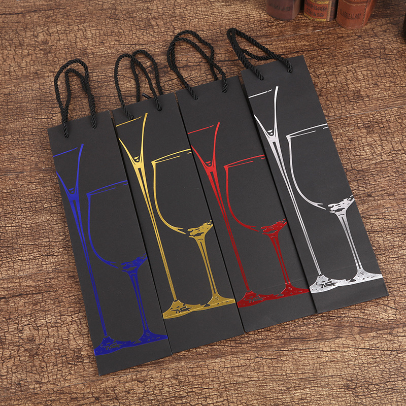 厂家时尚红酒手提袋双面烫金手提袋单支红酒黑卡纸包装批发