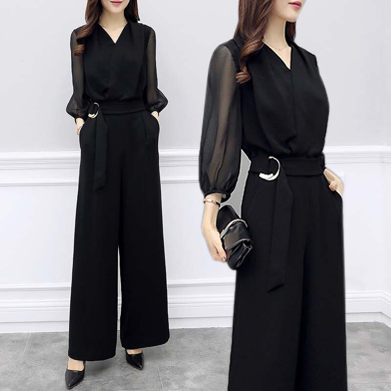 Cross-Border New High-Waisted Chiffon Jumpsuit Black Three-Quarter Sleeve Slim Fit Wide-Leg Jumpsuit Suit for Women