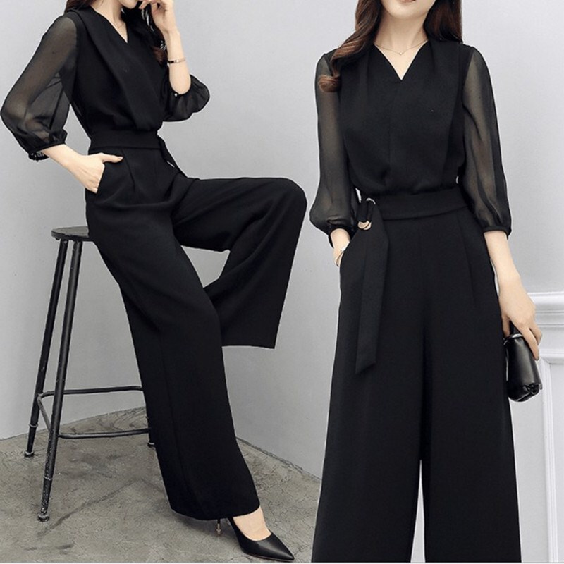 Spring New High-Waisted Chiffon Jumpsuit Black Three-Quarter Sleeve Slim Fit Wide-Leg Jumpsuit Suit for Women