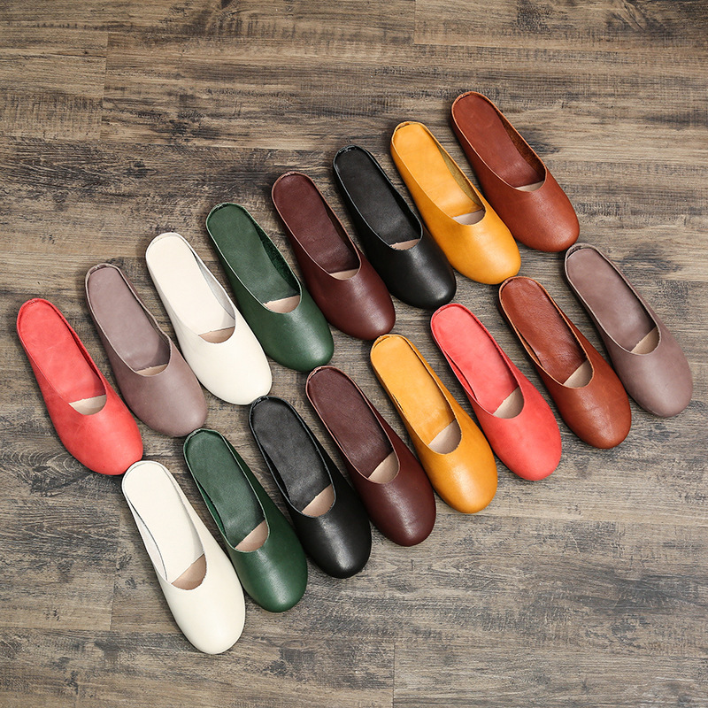 Manufacturer Genuine Leather Handmade Women's Shoes Mori Girl Style Flat Granny Shoes Retro Slippers Extra Large Size 8868 Casual Versatile