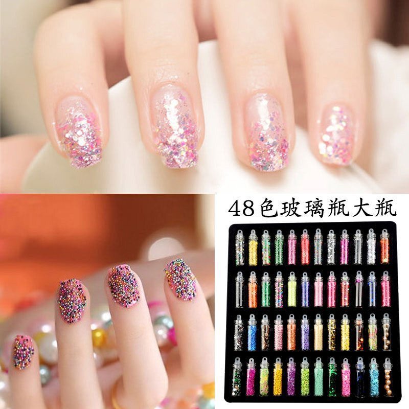 DIY48 color botella de vidrio brillo lentejuelas decoración de uñas al por mayor perla bola de acero amor pieza mixta joyería de uñas