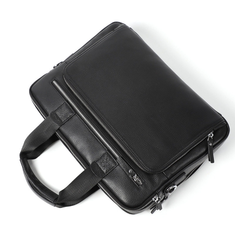 Túi công văn da bò lớp đầu dung tích lớn 38×28×8 cm, túi xách tay đeo chéo một vai cho nam, đựng được laptop 14 inch — Màu đen