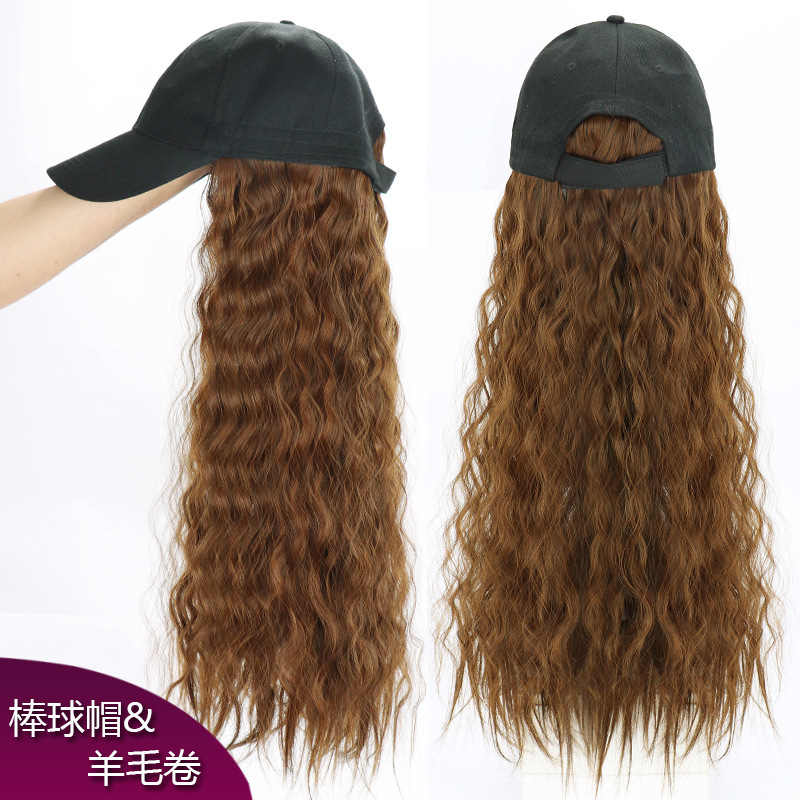 Hongxiu Premium - Women's Long Curly Wig Internet Celebrity Wool Curl Fashion Baseball Cap with Integrated Wig for a Youthful Look