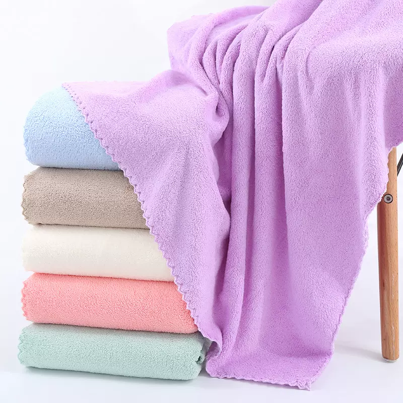 一件代发花边大浴巾 批发加厚珊瑚绒切边素色柔软吸水沙滩巾代发