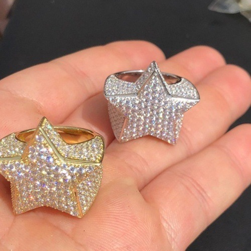 Men's Diamond Pentagram Band Ring Micro-inlaid Hip Hop Style_voghion.com