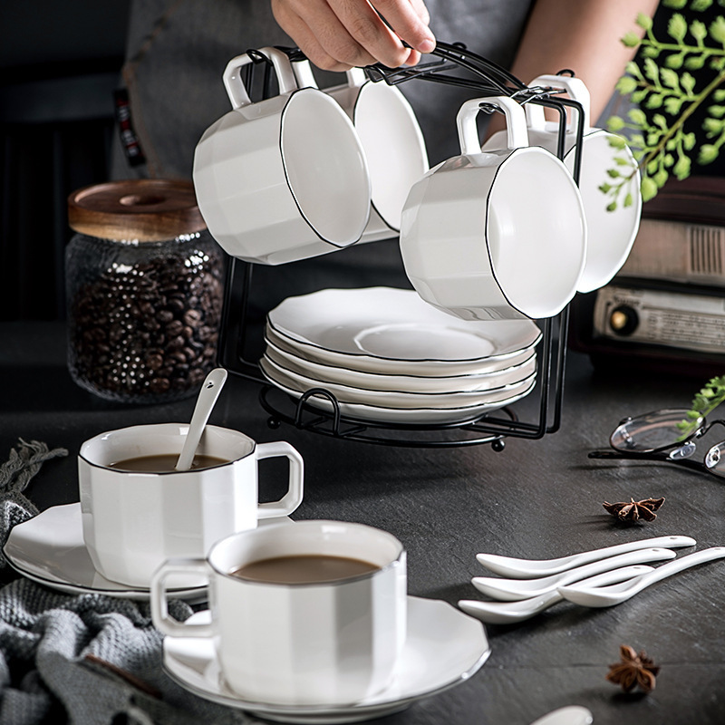 创意咖啡杯套装陶瓷茶具高档简约大容量咖啡壶家用花茶茶具配架勺