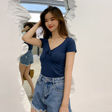 枫之缘 Летняя сексуальная цветная приятная телу футболка с коротким рукавом, облегающий крой, V-образный вырез, по фигуре