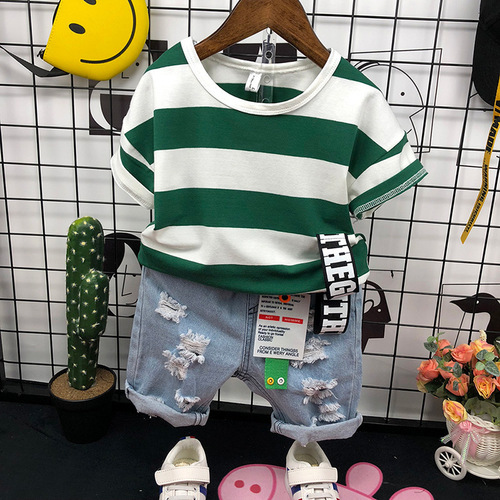 Boys' Summer Short-sleeved T-shirt Set Korean-style Children's Striped Top 78039 Denim Shorts 12117 Two-piece Set