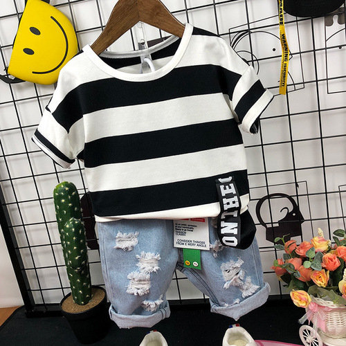Boys' Summer Short-sleeved T-shirt Set Korean-style Children's Striped Top 78039 Denim Shorts 12117 Two-piece Set