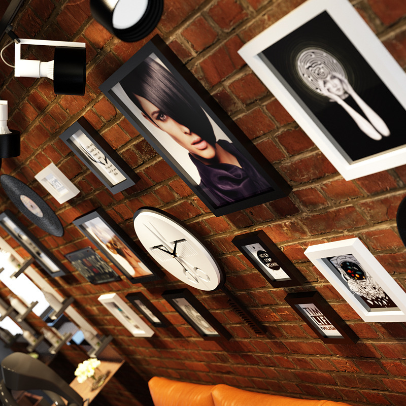 Polymer_3664_hair salon photo wall combination photo frame industrial wind decorative painting real clock can change photos Polymer_3664_hair salon photo wall combination photo frame industrial wind decorative painting real clock can change photos