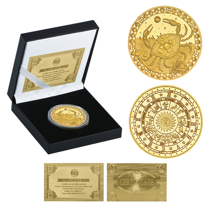 Medalla conmemorativa transfronteriza 12 constelación moneda conmemorativa metal chapado en oro insignia medalla Colección Caja de regalo fábrica al por mayor