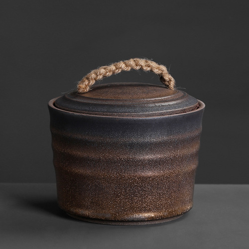Wholesale moisture-proof coarse pottery tea jars, gilt wide-mouth storage jars, retro creative sealed Pu'er tea cake storage jars