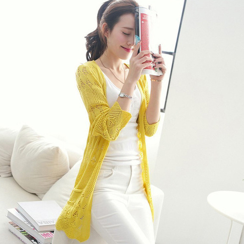 2025 Thin Version Korean Spring New Openwork Loose Knit Cardigan Women's Outerwear Air Conditioning Shirt Sun Protection Medium Length Women's Clothing