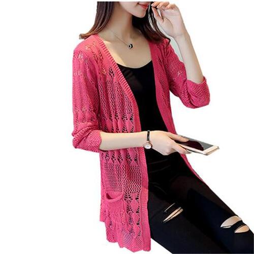 2025 Thin Version Korean Spring New Openwork Loose Knit Cardigan Women's Outerwear Air Conditioning Shirt Sun Protection Medium Length Women's Clothing