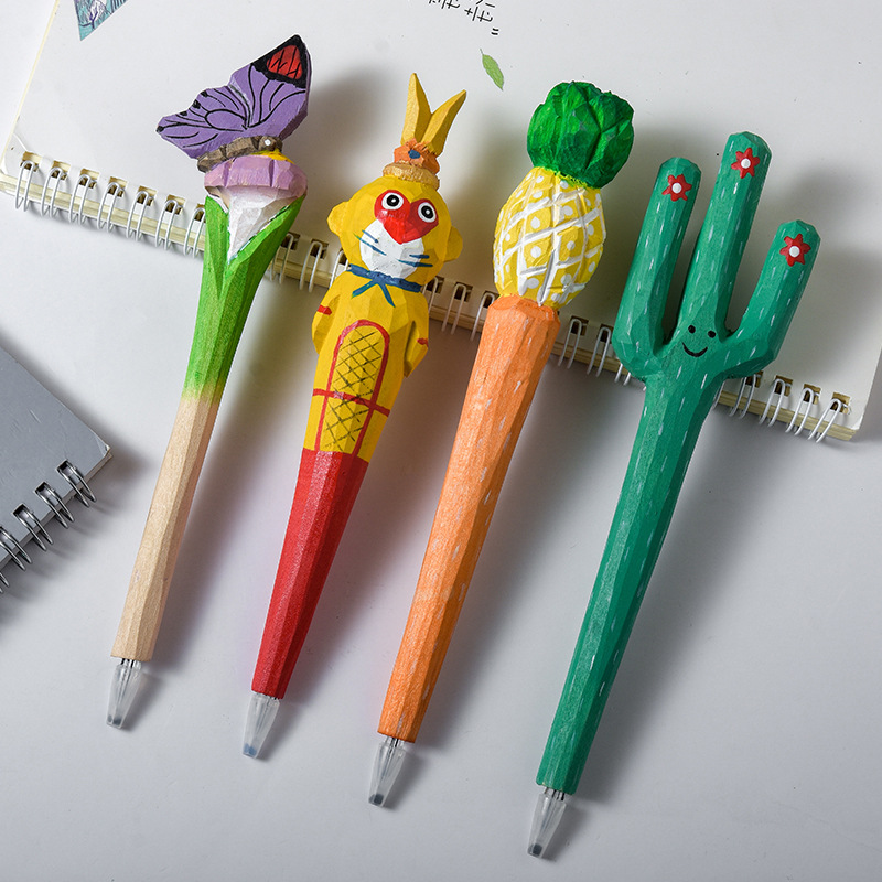 长颈鹿大象可爱卡通动物笔手工雕刻创意木头笔木雕笔DIY中性笔