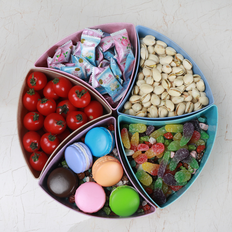 创意小麦秸秆圆形五格坚果瓜子果盘 客厅四色糖果盒 零食收纳盒