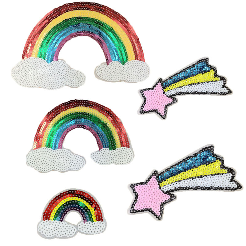 彩虹流星珠片绣布贴亮片补丁衣服辅料欧美T恤装饰包包外套补洞DIY