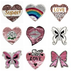 廠家蝴蝶桃心卡通圖案翻片亮片布貼服裝T恤繡花輔料 跨境貨源