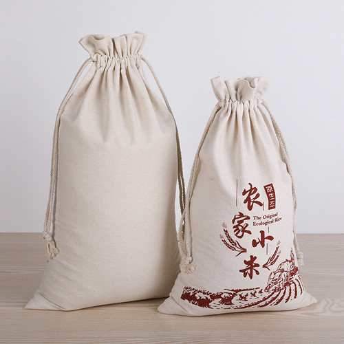 In-stock cloth rice bags: 5-pound millet bags, 10-pound rice packaging bags, and bulk wholesale canvas flour bags with drawstring closures.