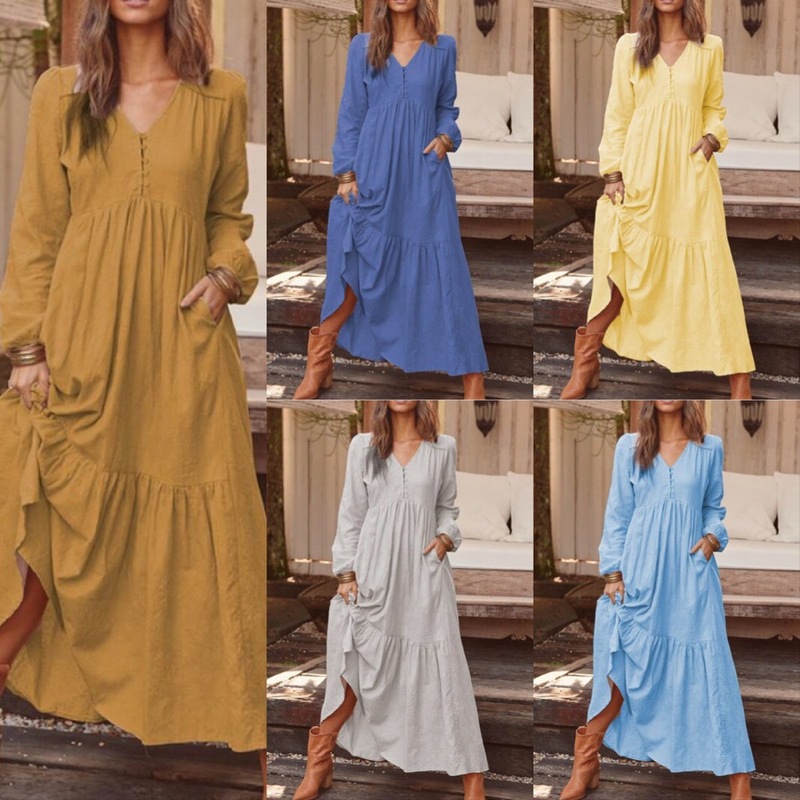 2023 autumn and winter European and American foreign trade women's clothing button cotton and linen retro casual long sleeve dress large swing long skirt multi-color