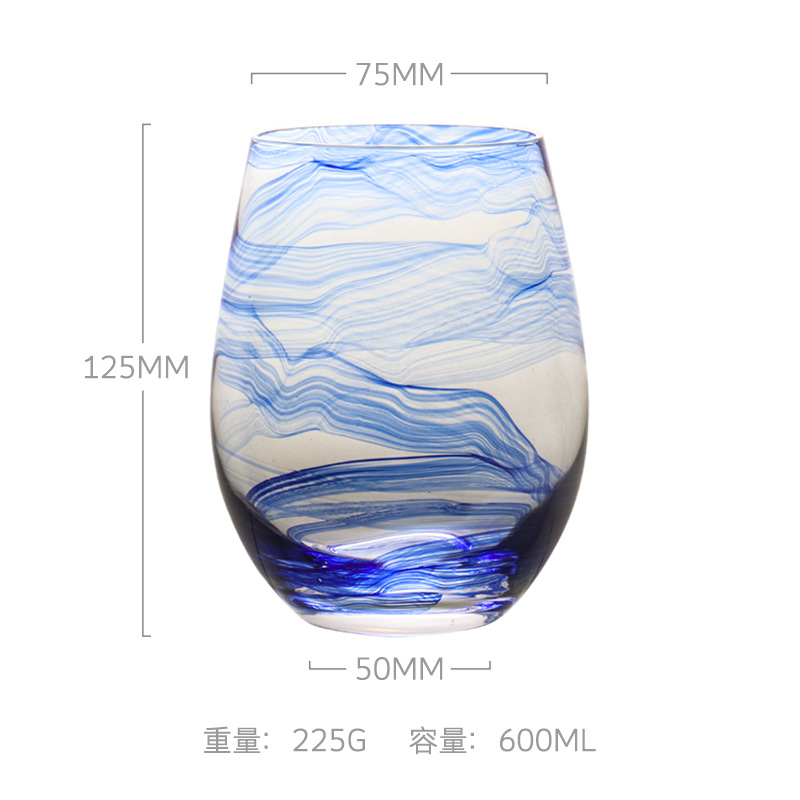 Lu Jing Nordic ins estilo Simu taza de nieve patrón de agua azul taza de vientre grande en forma de huevo jugo de vidrio taza de agua mousse taza de huevo