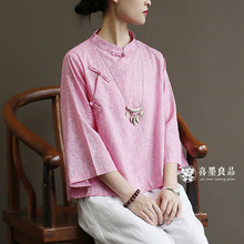 1938喜墨原创女夏装新款短款衬衫民族复古宽松斜襟盘扣女装上衣