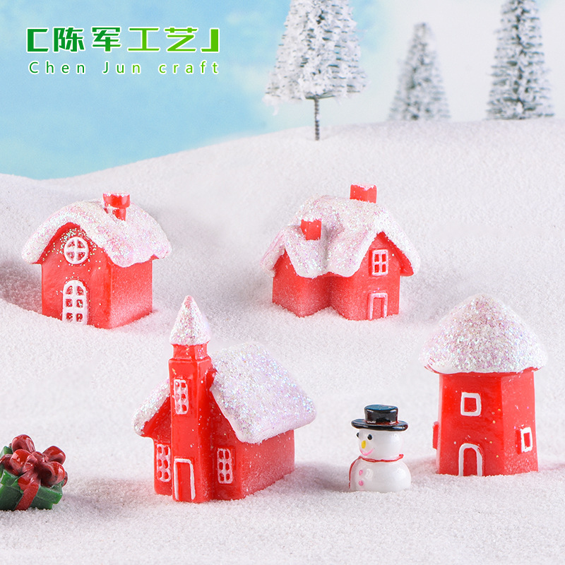 Christmas House Snow Landscape Ornaments Candy Red Cake House Ornaments Resin Craft Gifts