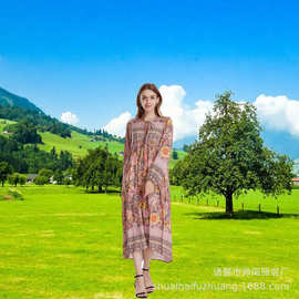 跨境波西米亚欧美长裙印花大摆连衣裙亚马逊女士性感长袖欧美风