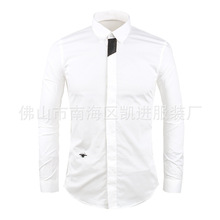 经典小蜜蜂刺绣白色大码衬衫小方领修身免烫拼接商务男装一件代发