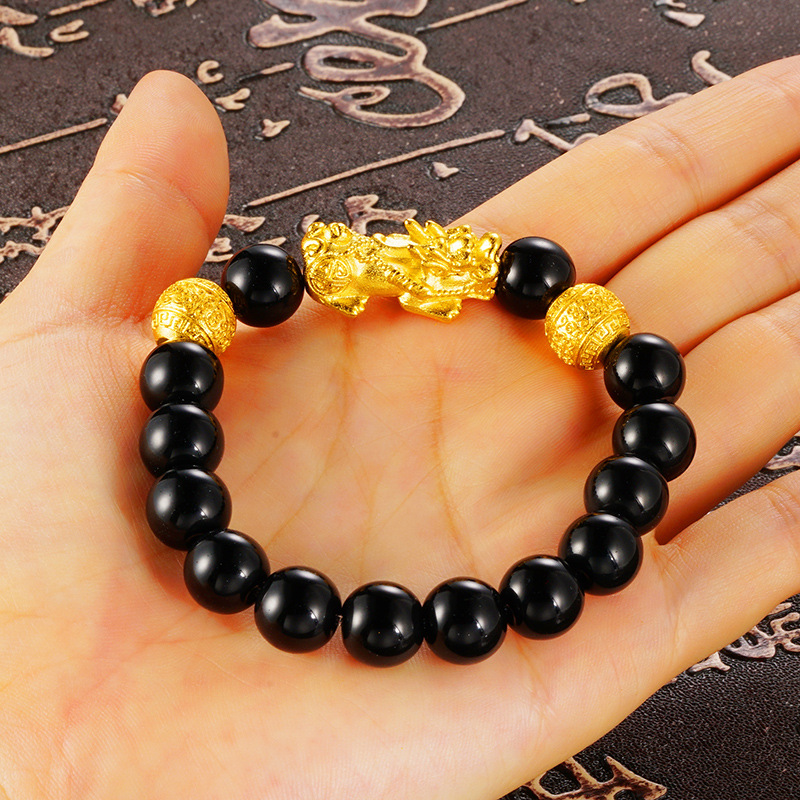 Popular Vietnam terciopelo arena oro en línea transmisión en vivo Buda cuentas pareja pulsera ágata imitación obsidiana pulsera al por mayor image 4