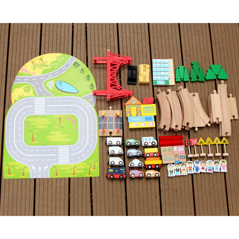 De madera de los niños 82 unidades tren traje escena tráfico puestos bloques construcción rompecabezas DIY montado juguetes al por mayor