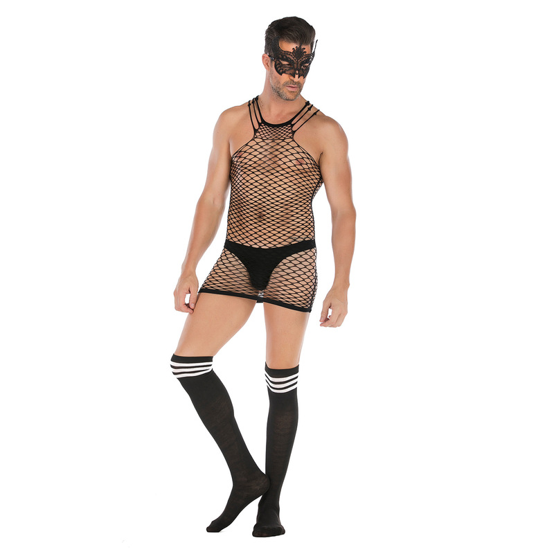 Amazon Men's sexy mesh nightdress stockings striped lace mask suit sexy underwear